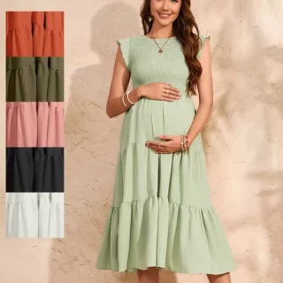 Summer Maternity Pleated Dress Sweet Flying Sleeve O-neck Pregnant Women's Chiffon Dress Plus Size Dresses Maternity Dress 1 O1CN01j6l7WV23rZvp57NUu_2747147309