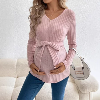 Maternity Clothes Photoshoot Dress Pregnancy Clothing Autumn Winter V-neck Long-sleeved Waist-tied Knitted Top Pregnant Women