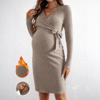 Maternity Clothes Autumn Winter V-neck Long-sleeved Tight-fitting Dress Photoshoot Pregnancy Clothing Dresses for Pregnant Women