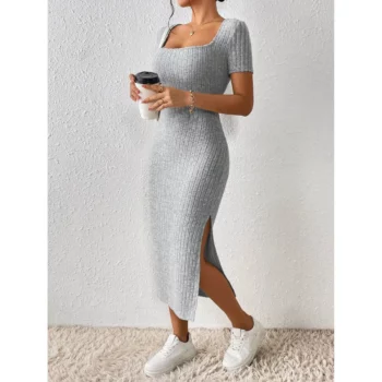 Maternity Dresses Hot Fashion Square Neck Side Knit Solid Color Clothes Pregnant Women Short-sleeved Dress Pregnant Women