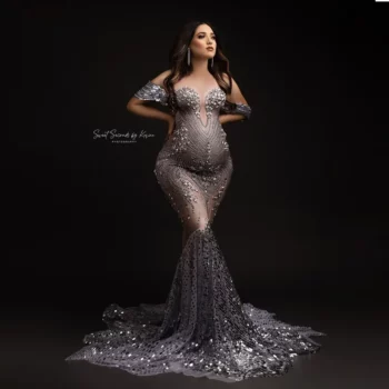 Elasticity Sparkly Rhinestones Maternity Photography Gown Large Size Dress Suitable For Pregnant Women Photography Clothing