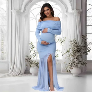 Maternity Dresses Photoshoot Off-Shoulder Slits Fishtail Hem Baby Shower Clothes For Pregnant Woman Evening Party Elegant Gown 1 kf-S627bfc7f13ec4aecbd01fb84e826c23bd
