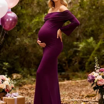 Maternity Deep Purple Off Shoulder Ruched Long Sleeve Side Slit Pregnancy Photo Dress Elegant Baby Shower Gown for Photoshoot