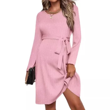 American Style Fashion Maternity Dress Ties Waist Autumn Winter Long Sleeve A Line Clothes for Pregnant Women Youth Pregnancy