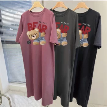 Cartoon Bear Print Short Sleeve Summer and Autumn New Loose Round Neck Pregnant Woman Comfortable Dress