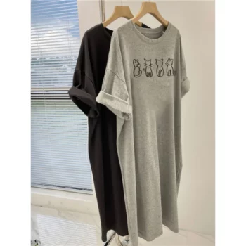Summer Loose European and American Cartoon Cat Print Casual Comfortable Short-sleeved Round Neck Women Maternity Dress