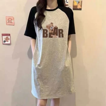 Summer Trend European and American Style Bear Print Comfortable and Casual Round-neck Dress for Pregnant Women