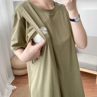 Maternity Simple Pure Color Breastfeeding Dress Long Skirt Short Sleeve Cotton Maternity Dresses Pregnant Women Clothes Tops 1 kf-Scb390527b85c47e3ae0d1bf66bdf41804