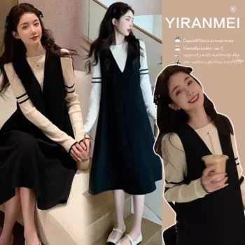 Autumn & Winter Pregnant Women's Knitted Dresses Solid Color Long Sleeve Turn-down Collar Button Fly Maternity Straight Dress