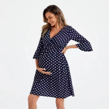 Summer Fashion High Quality Comfortable Trendy Breastfeeding Long Dress with Mid Sleeve Dots Pregnant Women's V-neck Dress