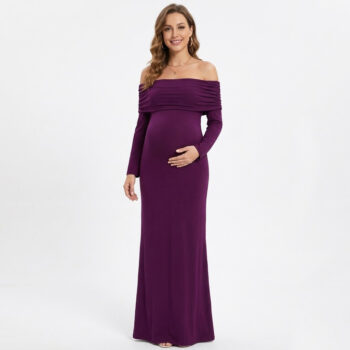 Maternity Deep Purple Off Shoulder Ruched Long Sleeve Side Slit Pregnancy Photo Dress Elegant Baby Shower Gown for Photoshoot