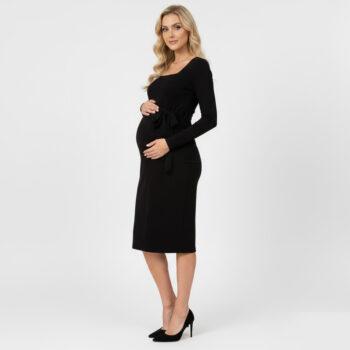 New Year Square Neck Maternity Dress with Adjustable Belt Empire Waist Design for Special Occasions and Pregnancy Photos