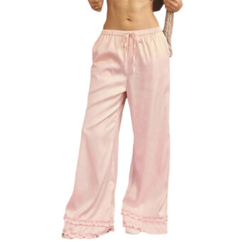Women Comfy Wide Leg Lounge Pants with Ruffled Hem and Adjustable Drawstring Waistband for Casual Wear