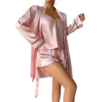 Simple Satin Pajama Set Long Sleeve Belted Robe V Neck Cami Top And Shorts Women's Sleepwear
