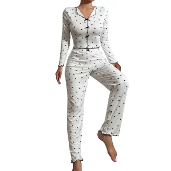 Women's V-Neck Pajama Set with Heart-Shaped Printed Long Sleeved Paired with Long Pants and Lettuce Trimmed Women's Pajama Set