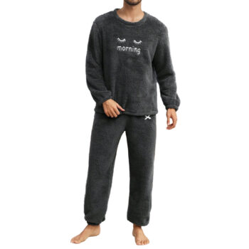 Men'S Flannel Pajamas Set Warm Loungewear Set Embroidery Eyelash Cozy Clothing Thickened Loungewear Soft Comfortable Home Wear