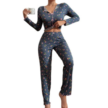 Cute Floral Ribbed Pajama Set Women Long Sleeve V Neck Two Piece Sleepwear Homewear Autumn Winter Bow Lettuce Trim New Hot