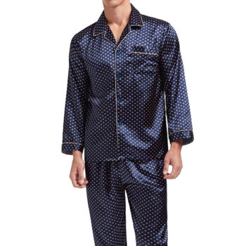 Silk Satin Pajamas for Men Sleepwear Cozy Soft Print Long Sleeve Nightgown Tops + Trousers Two Pieces Mens Pajama Set