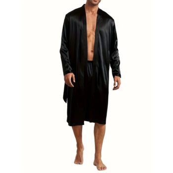 Autumn Men's Black Robe with Pockets Summer V-Neck Nightgown Long Sleeve Sleepwear with Belt Detail + Shorts Loungewear Set