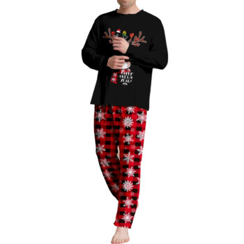 Men's Christmas - New Year Pajamas Set with Reindeer & "HAPPY NEW YEAR" Print, Plaid Snowflake Pants, Festive Loungewear