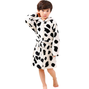 Children Hooded Fleece Bath Robes Unisex Cute Cartoon Pattern Pajamas Sleepwear Soft and Warmth Clothes for Boys Girls Homewear