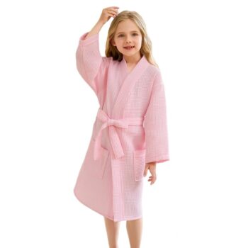 Cotton Waffle Kids Bathrobe Soft Absorbent Non-Shedding Belted Homewear After Bath & Sleepwear for 3-10Y
