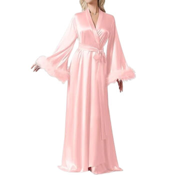 Long Feather Sleeve Bathrobe Ice Silk Kimono Wedding Bride Dress Women Loose Sleepwear Loungewear Casual Nightgown