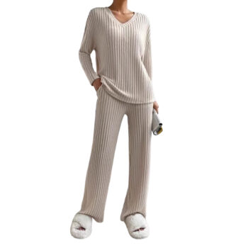 Autumn Winter Ribbed Knit Two Piece Set Women V Neck Long Sleeve Top Wide Leg Pants Loungewear Casual Solid Color Outfit