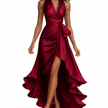 Elegant V-Neck Ruffle Slit Maxi Dress Sleeveless Summer Evening Gown