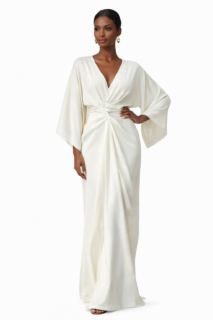 Elegant Deep V-Neck Flared Sleeve Maxi Dress High Waist Solid Color Evening Gown