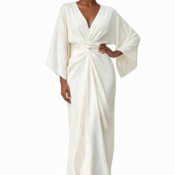 Elegant Deep V-Neck Flared Sleeve Maxi Dress High Waist Solid Color Evening Gown