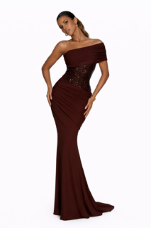 Elegant One-Shoulder Sequin Waist Maxi Dress Chocolate Brown Formal Evening Gown 1 Elegant One-Shoulder Sequin Waist Maxi Dress Chocolate Brown Formal Evening Gown
