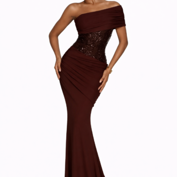 Elegant One-Shoulder Sequin Waist Maxi Dress Chocolate Brown Formal Evening Gown