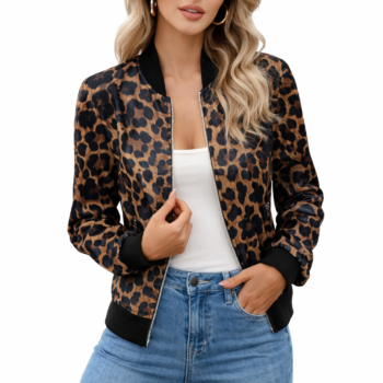 Women’s Leopard Pattern Full-Zip Lightweight Jacket