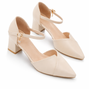 Elegant Pointed Toe Mid Heel Pumps Beige Ankle Strap Block Heel Shoes