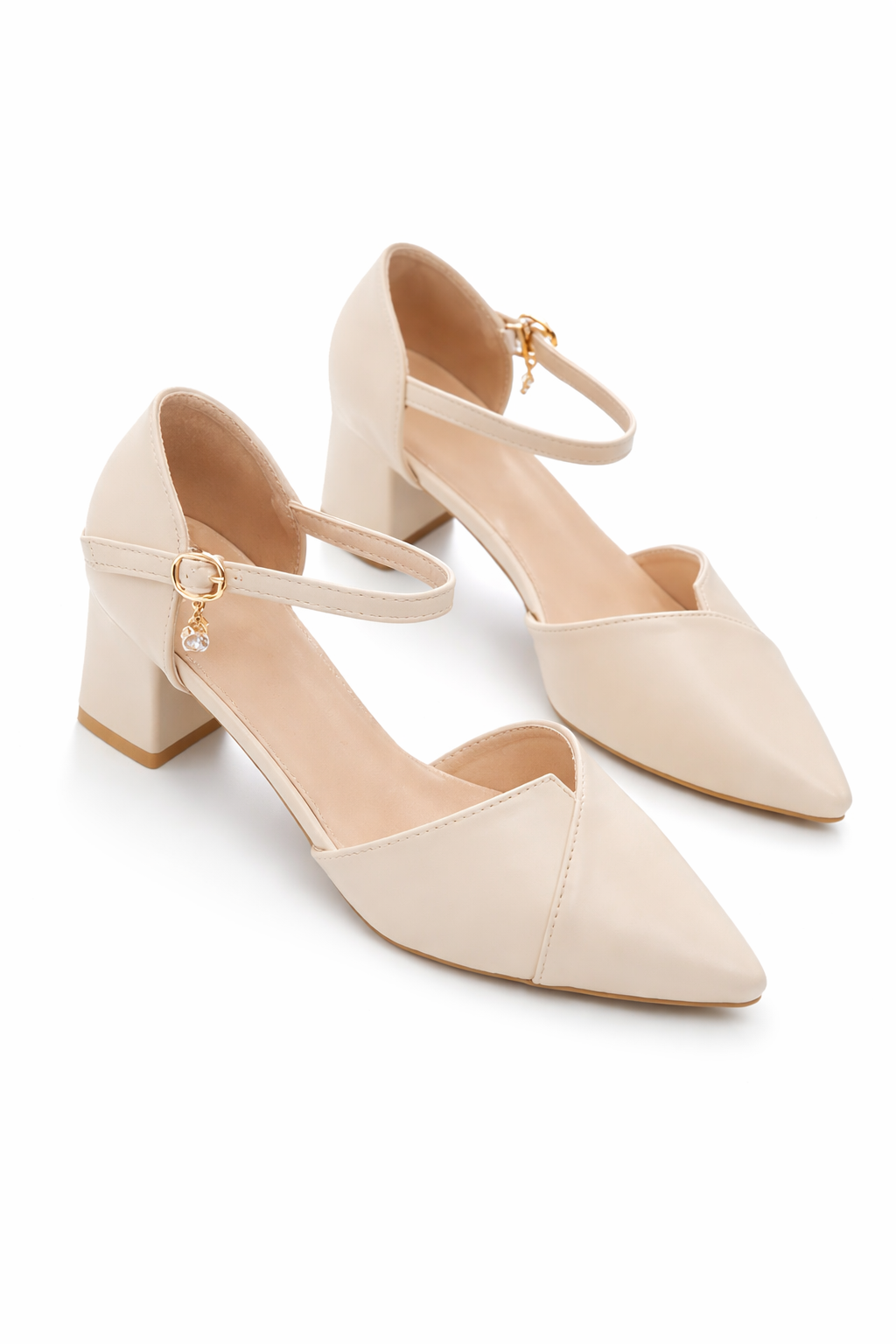 Elegant Pointed Toe Mid Heel Pumps Beige Ankle Strap Block Heel Shoes Elegant Pointed Toe Mid Heel Pumps Beige Ankle Strap Block Heel Shoes