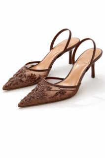 Elegant Mesh Slingback Pointed Toe Heels Floral Embroidery Coffee Brown Kitten Heel Pumps