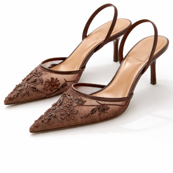 Elegant Mesh Slingback Pointed Toe Heels Floral Embroidery Coffee Brown Kitten Heel Pumps