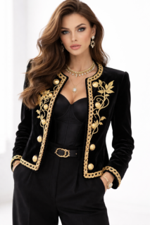 Women’s Gold-Embroidered Velvet Crewneck Coat