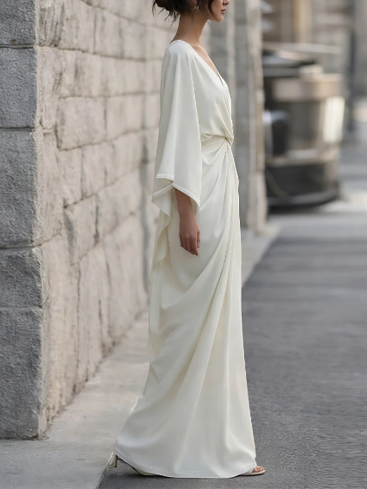 Elegant Deep V-Neck Flared Sleeve Maxi Dress High Waist Solid Color Evening Gown