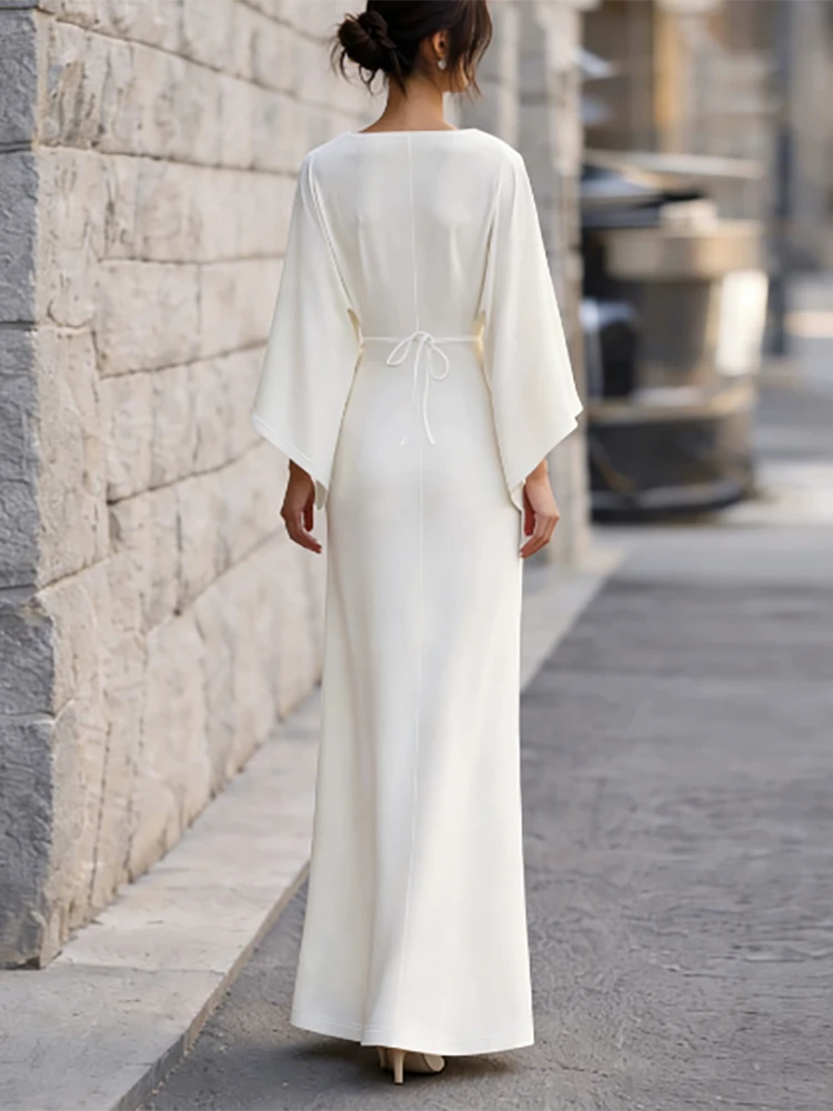 Elegant Deep V-Neck Flared Sleeve Maxi Dress High Waist Solid Color Evening Gown