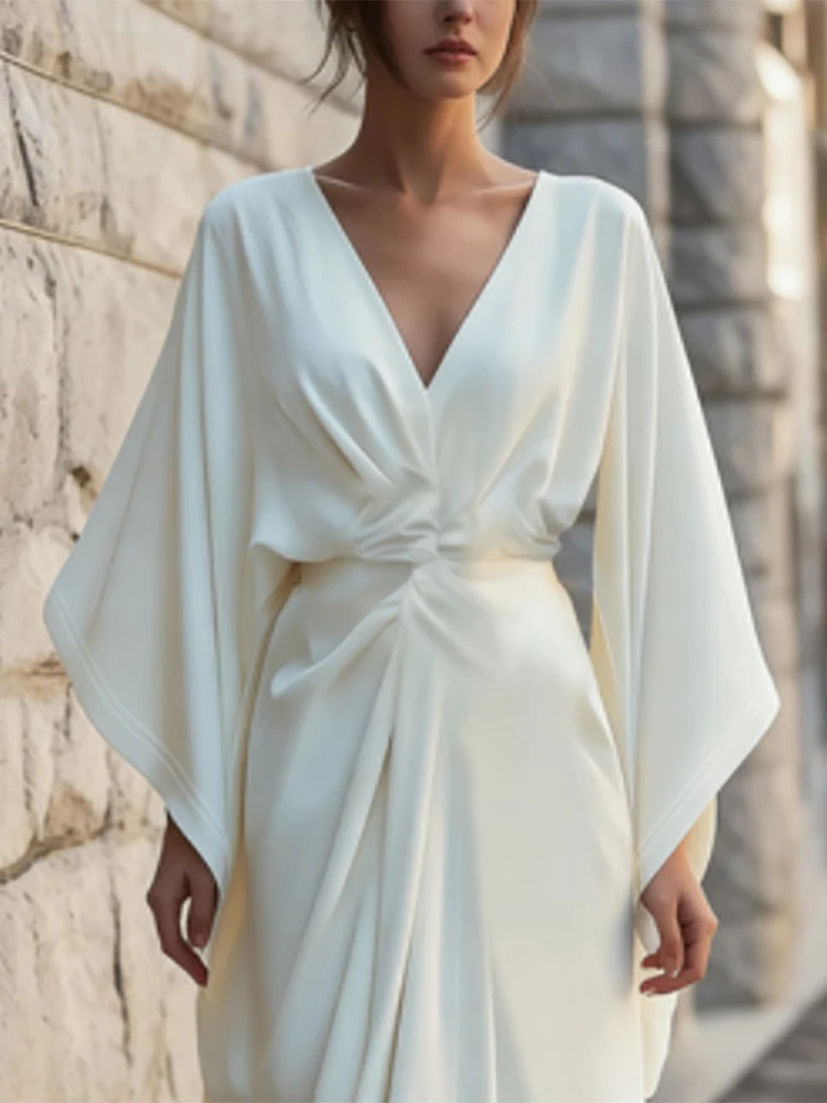 Elegant Deep V-Neck Flared Sleeve Maxi Dress High Waist Solid Color Evening Gown