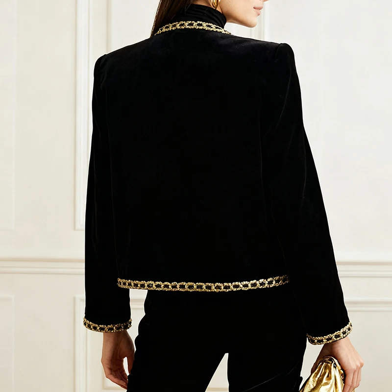 Women's Gold-Embroidered Velvet Crewneck Coat