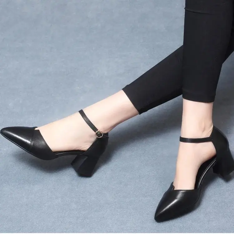 Elegant Pointed Toe Mid Heel Pumps Beige Ankle Strap Block Heel Shoes