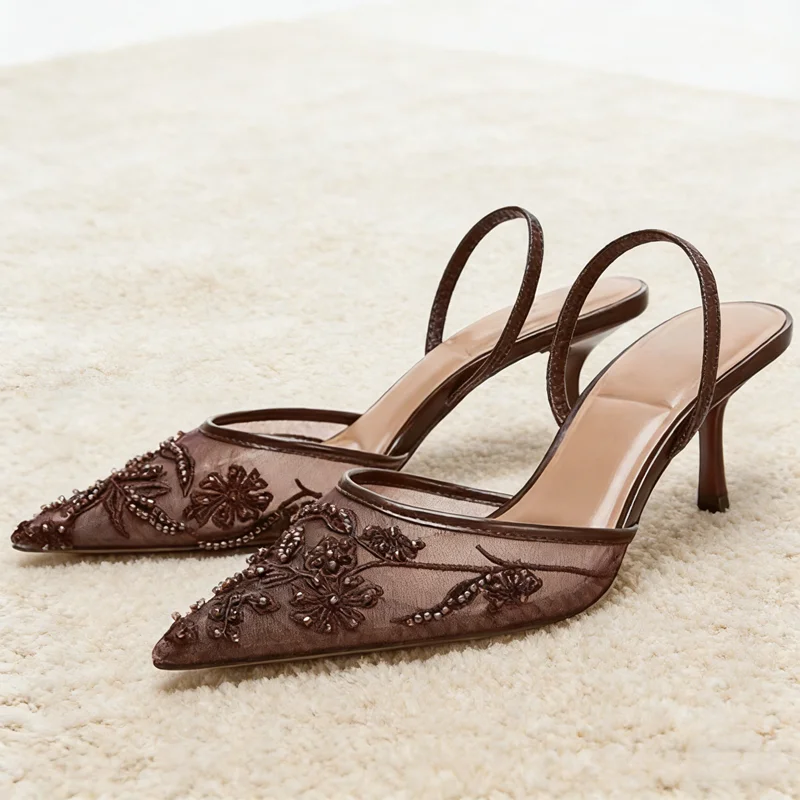 Elegant Mesh Slingback Pointed Toe Heels Floral Embroidery Coffee Brown Kitten Heel Pumps