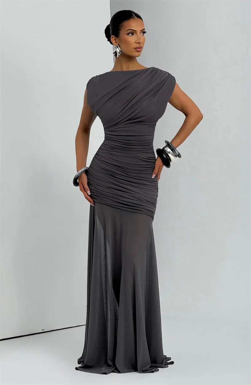 Elegant O-Neck Sleeveless Ruched Mesh Maxi Dress Slim Fit Floor-Length Evening Gown