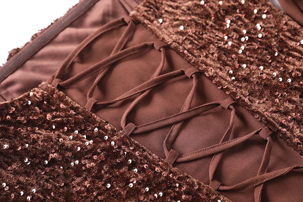 Elegant One-Shoulder Sequin Waist Maxi Dress Chocolate Brown Formal Evening Gown