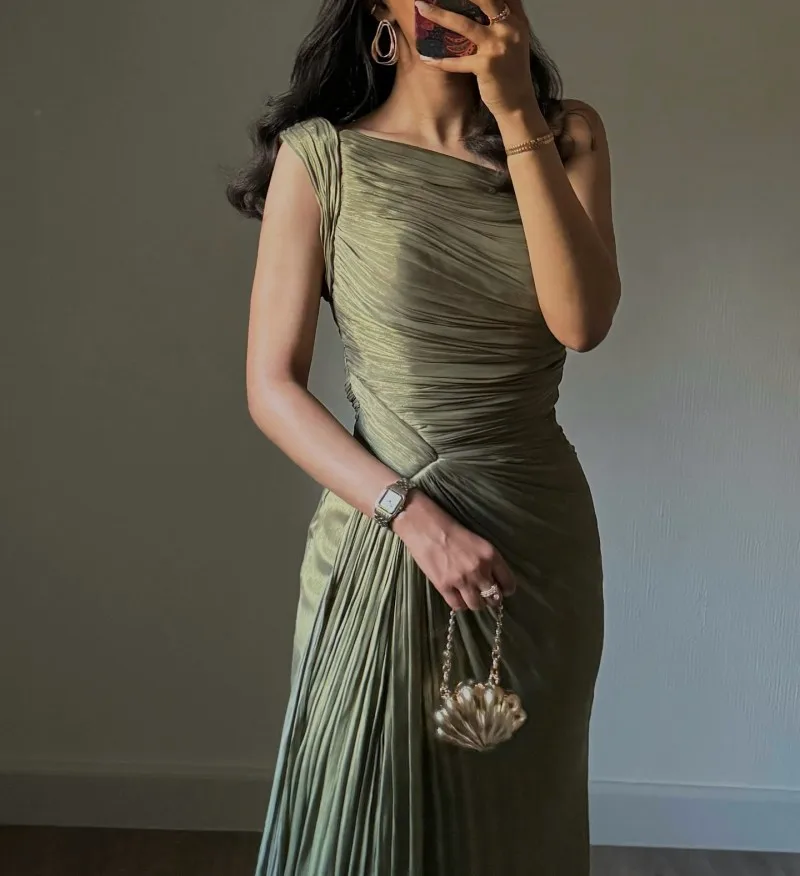 Elegant Asymmetrical Ruched Draped Maxi Dress Olive Green Pleated Evening Gown