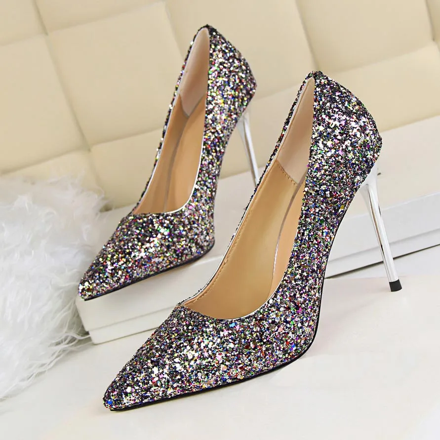 Gold Glitter Pointed Toe High Heel Pumps Sparkling Stiletto Evening Shoes