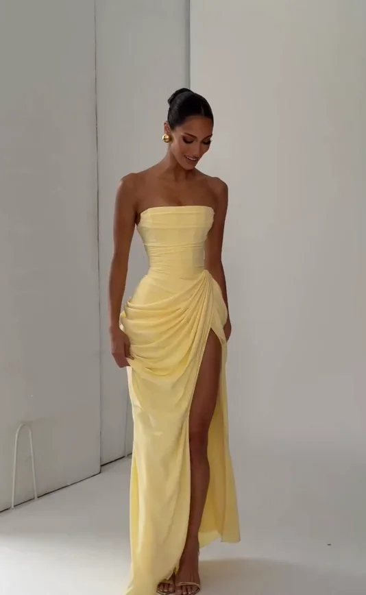 Off-Shoulder Backless Pleated High Waist Split Maxi Dress Elegant Party Gown